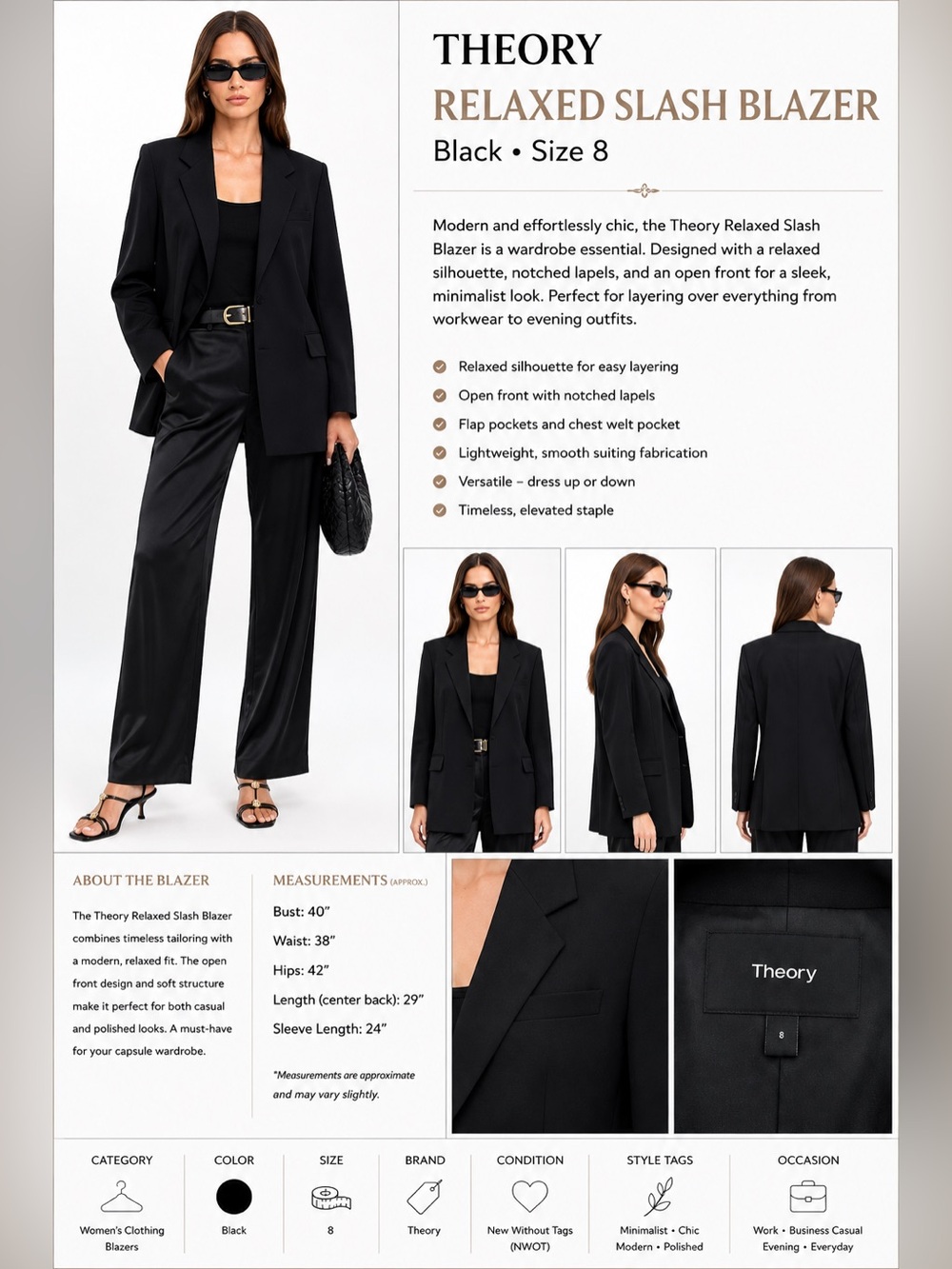 Theory Relaxed Slash Blazer Black Size 8 Oversized Open Front Tailored Jacket